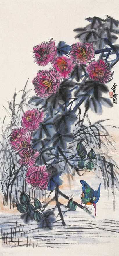 王传焘 芙蓉翠鸟 镜心